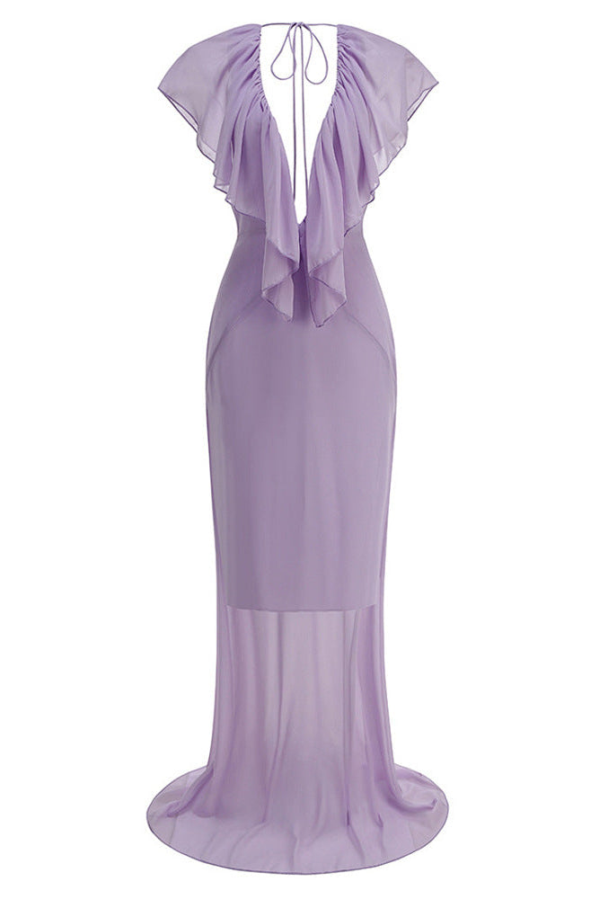 Fallon | Women's Chiffon Maxi Evening Wedding Guest Dress with Ruffles and Deep V-Neck