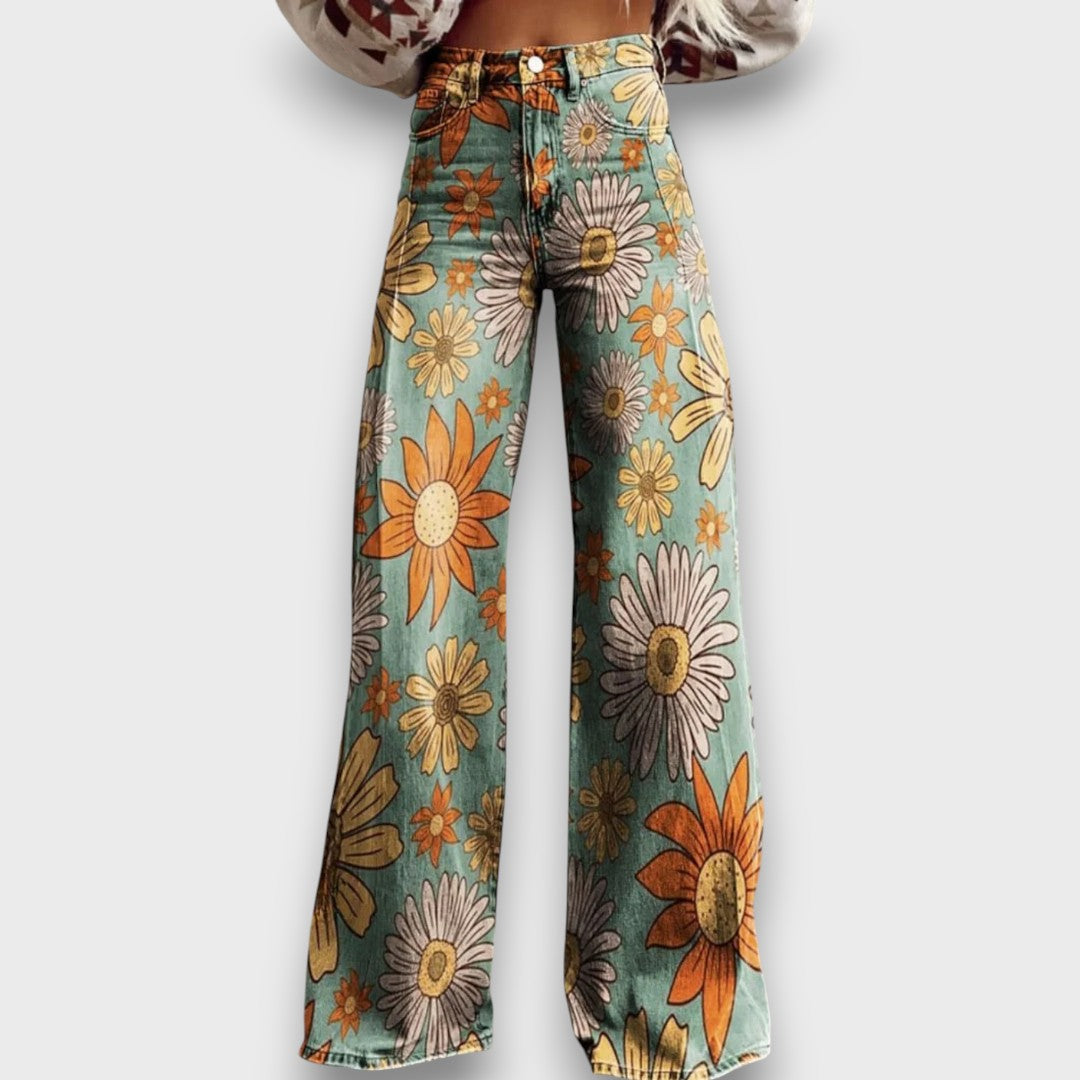 Fiorella – Jeans a gamba larga con stampa floreale retrò