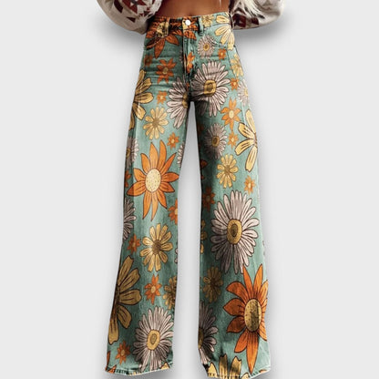 Fiorella – Jeans a gamba larga con stampa floreale retrò