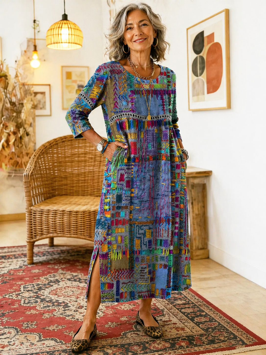 Manuela vestito in denim con patchwork etnico