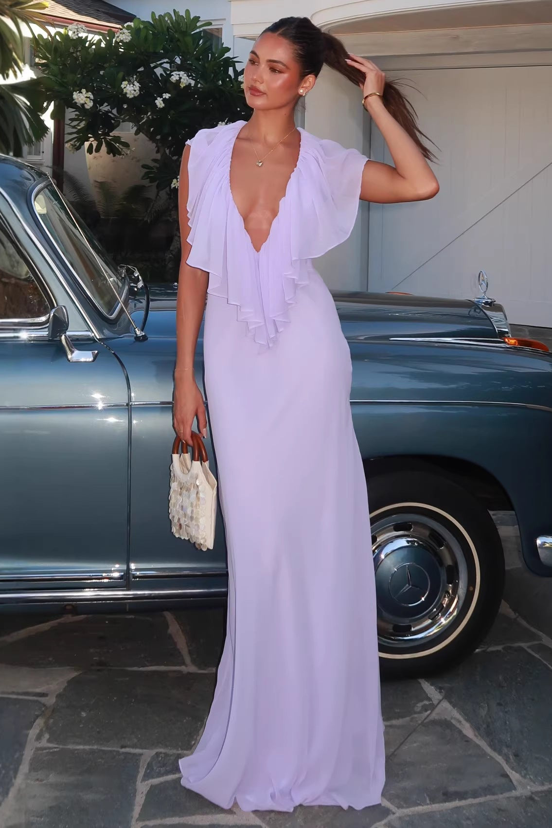 Fallon | Women's Chiffon Maxi Evening Wedding Guest Dress with Ruffles and Deep V-Neck