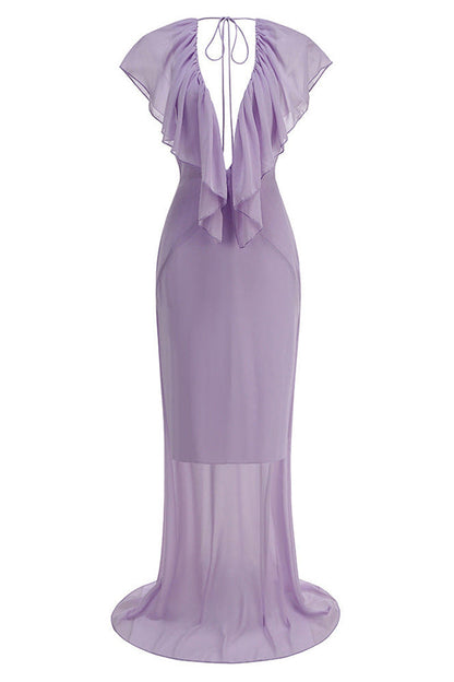 Fallon | Women's Chiffon Maxi Evening Wedding Guest Dress with Ruffles and Deep V-Neck