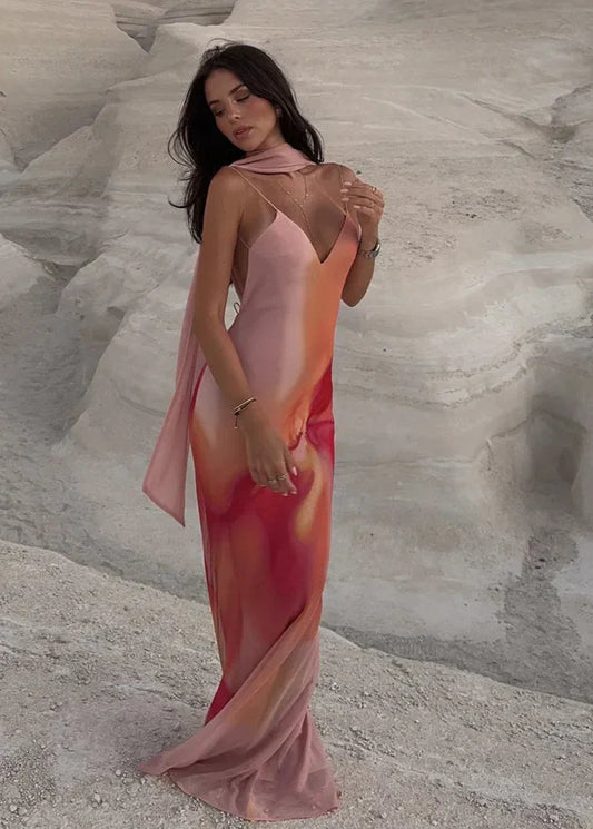 Fayah | Women's Open-Back Ombre Print Spaghetti Strap Satin Maxi Dress