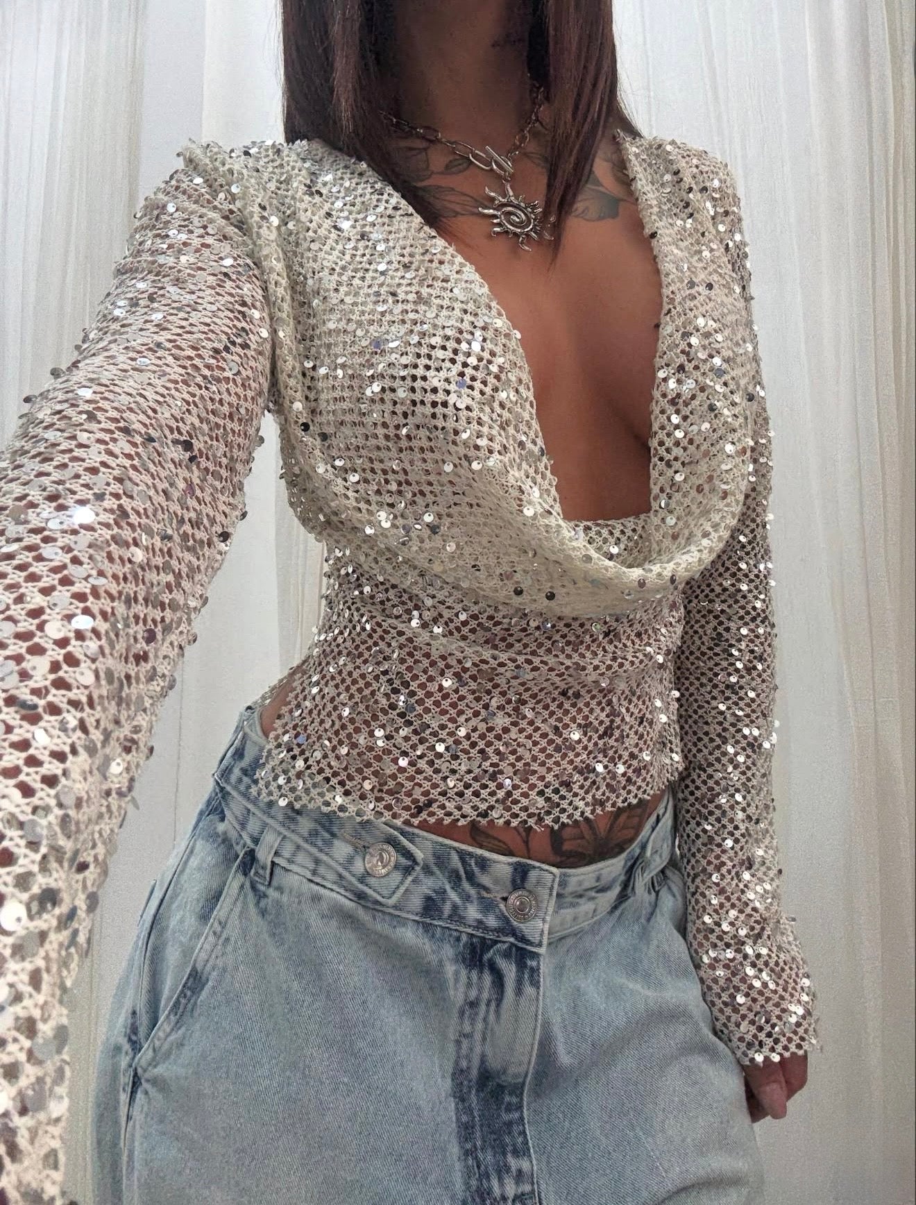 Grace | Crop Top dos Nu en Mesh à Paillettes pour Femme
