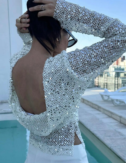 Grace | Crop Top dos Nu en Mesh à Paillettes pour Femme