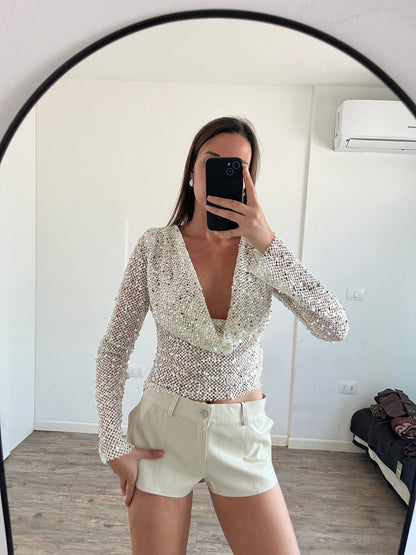 Grace | Crop Top dos Nu en Mesh à Paillettes pour Femme