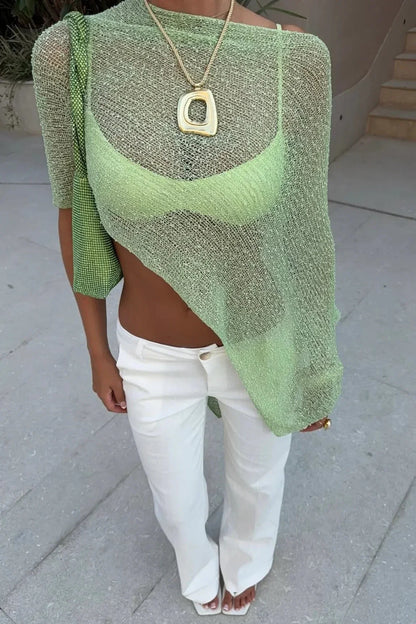 Palmer | Crop Top en Maille Ajourée à Épaules Dénudées pour Femme