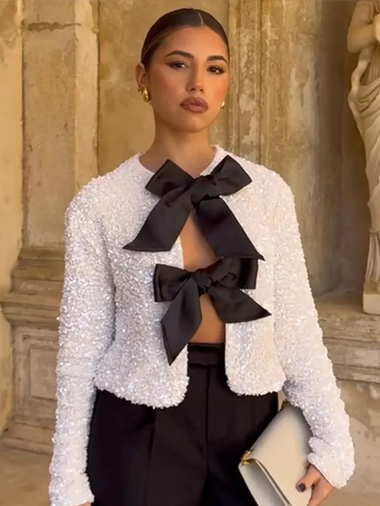 Bella | Top de Fête à Manches Longues Avec Nœud en Séquins pour Femme