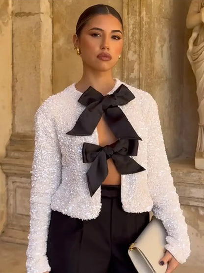 Bella | Top de Fête à Manches Longues Avec Nœud en Séquins pour Femme