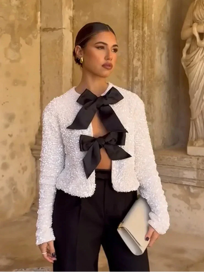 Bella | Top de Fête à Manches Longues Avec Nœud en Séquins pour Femme