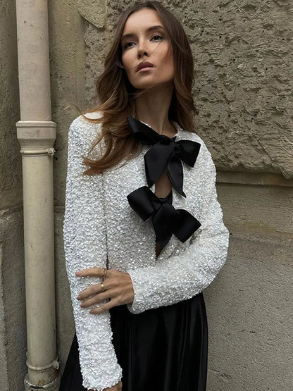 Bella | Top de Fête à Manches Longues Avec Nœud en Séquins pour Femme