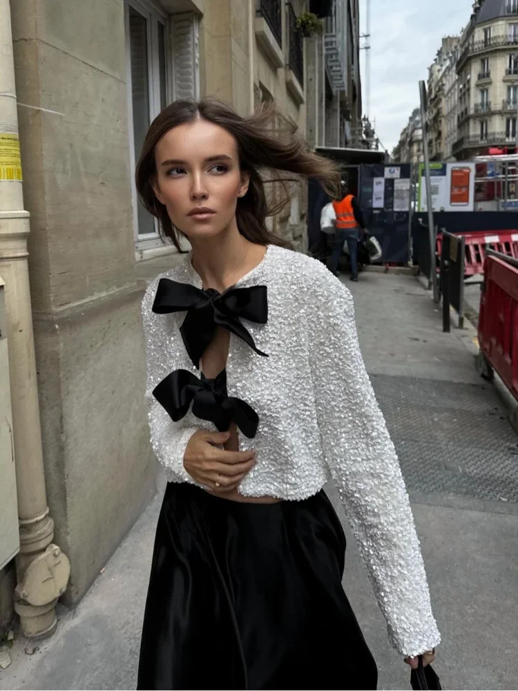 Bella | Top de Fête à Manches Longues Avec Nœud en Séquins pour Femme