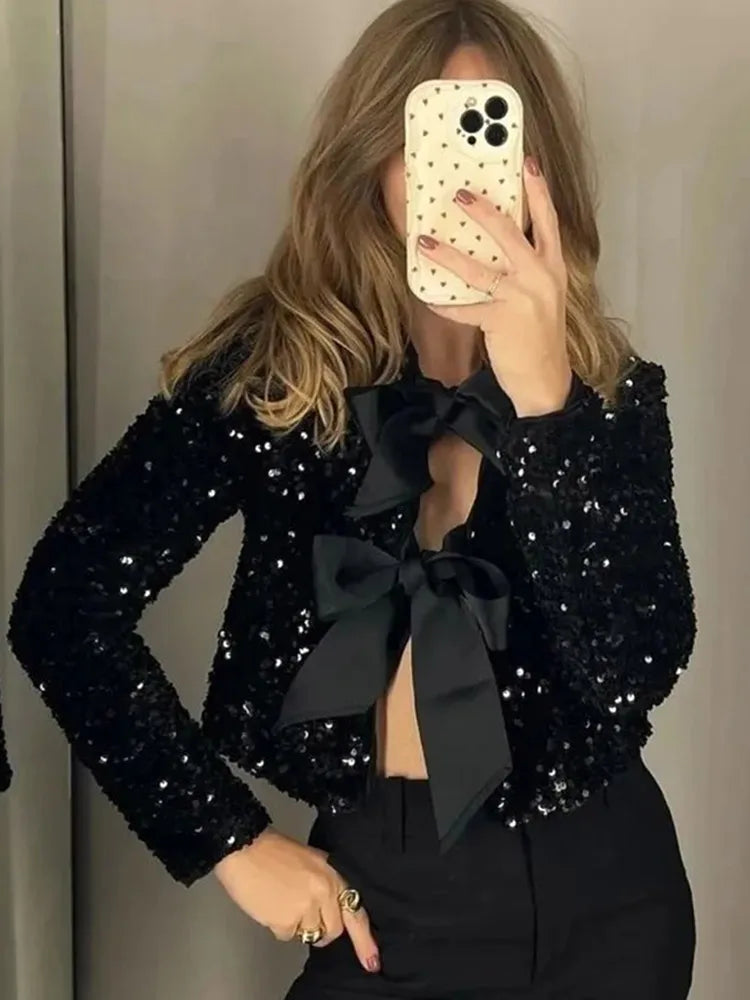 Bella | Top de Fête à Manches Longues Avec Nœud en Séquins pour Femme