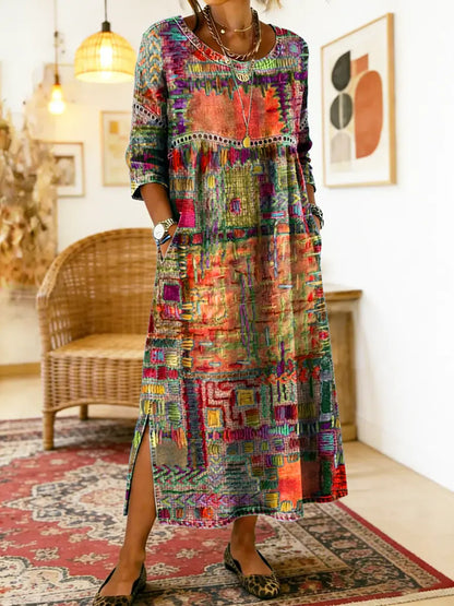 Manuela vestito in denim con patchwork etnico