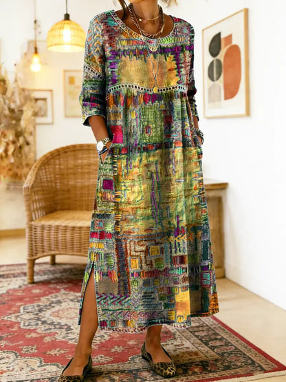 Manuela | Vestito in Denim con Patchwork Etnico