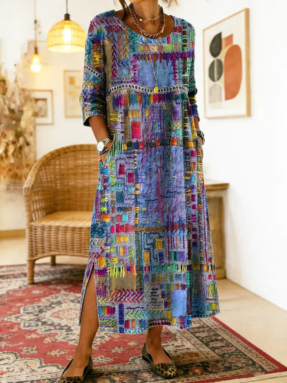 Manuela vestito in denim con patchwork etnico