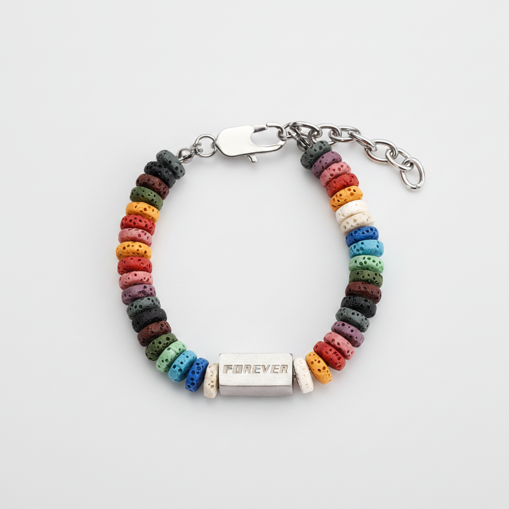 Natural Lava Flat Round Beads Bracelet - Fundo Cinza Claro