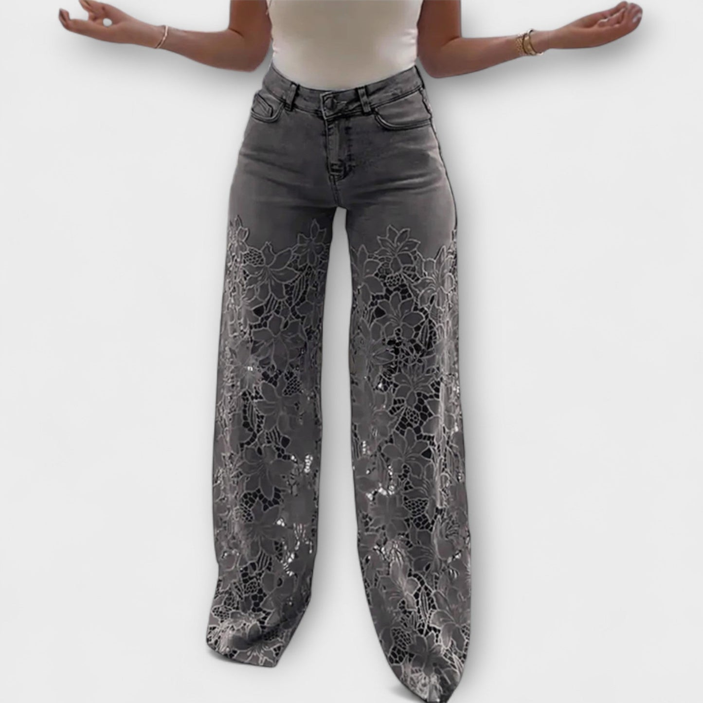 Virelle – Jeans con trasparenza floreale e gamba ampia