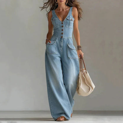 Martina - Mono in denim senza maniche con scollatura a V