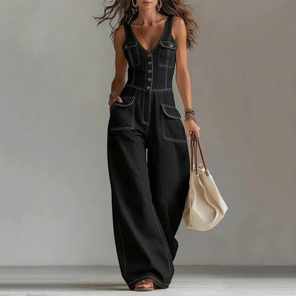 Martina - Mono in denim senza maniche con scollatura a V